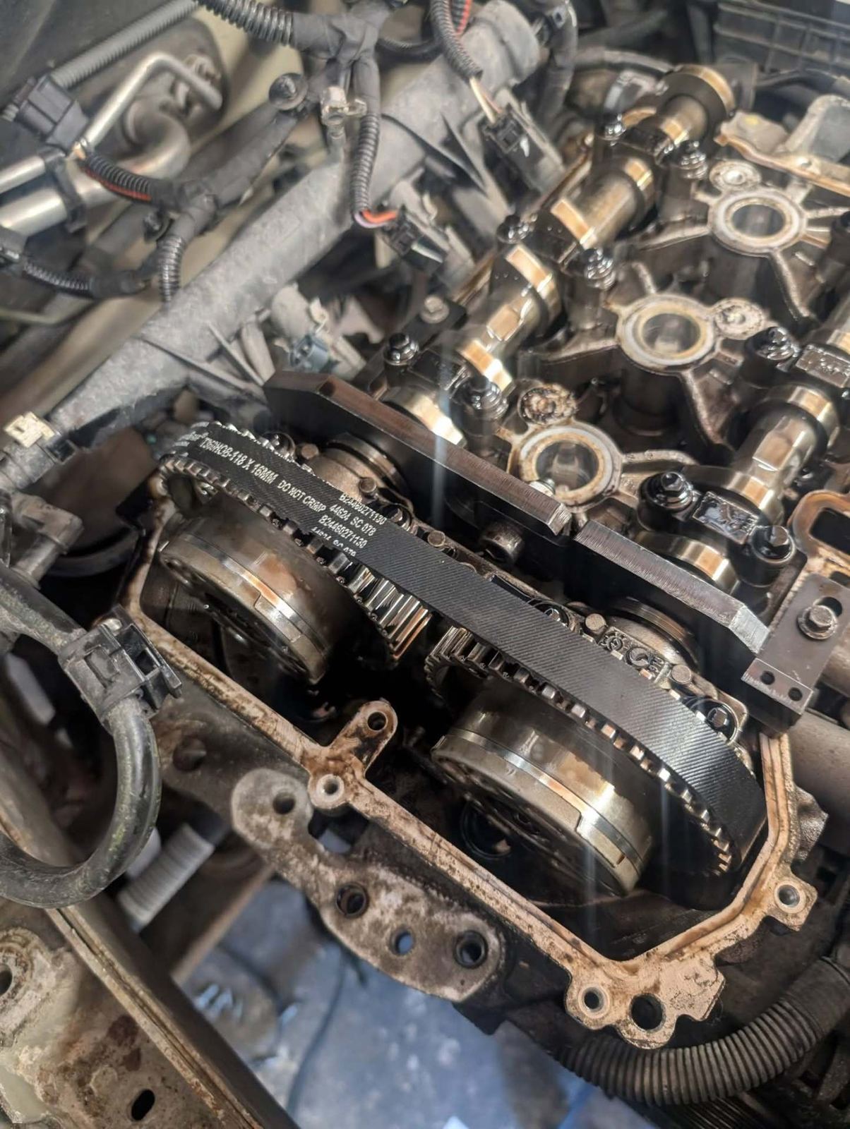 New timing belt fitted with the engine locked in position