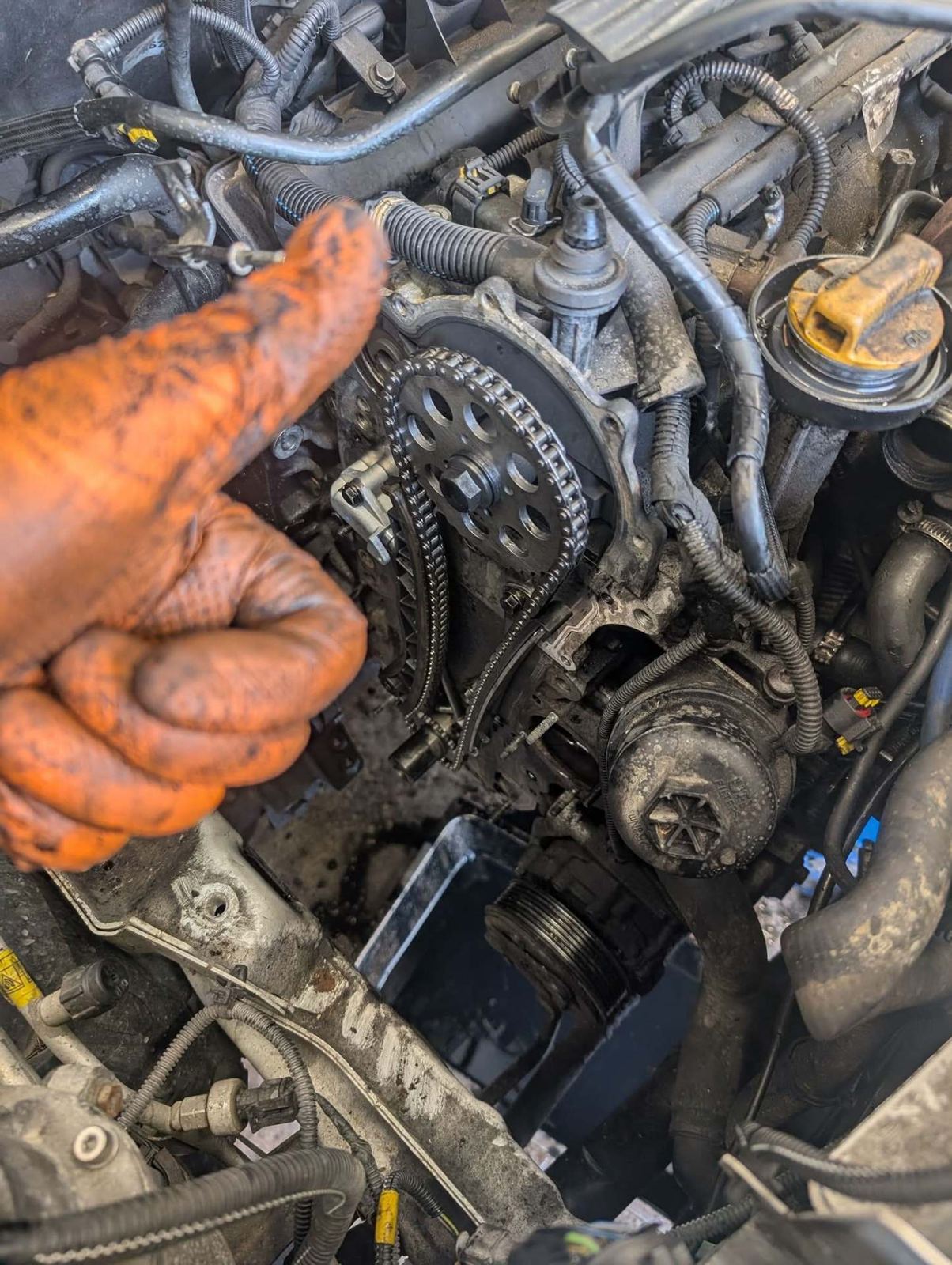 Timing chain job with a thumbs up from the mechanic